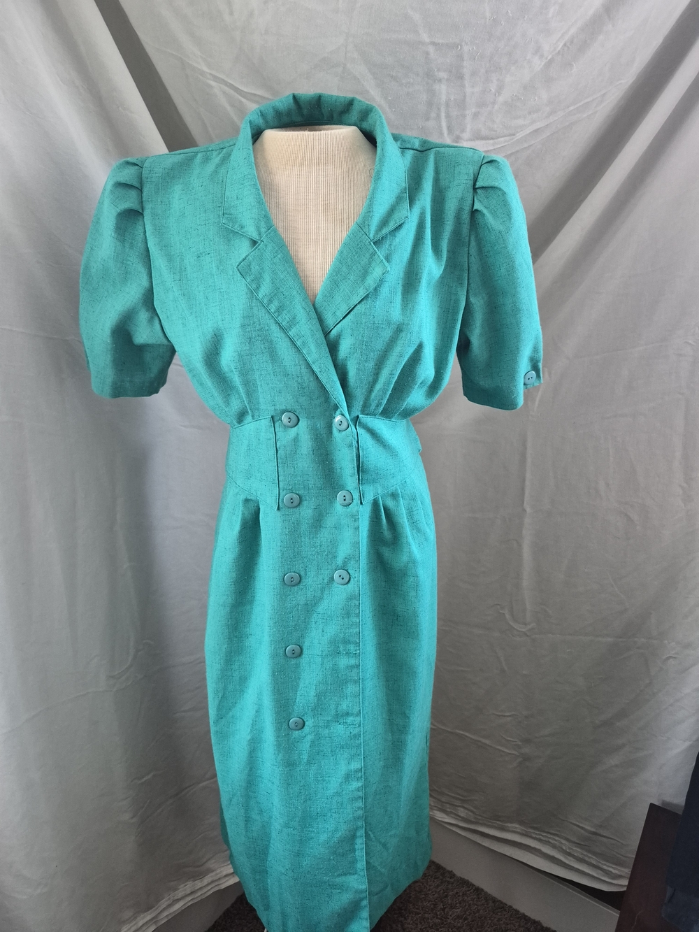 Teal Double-Breasted Midi Dress with Puff Sleeves